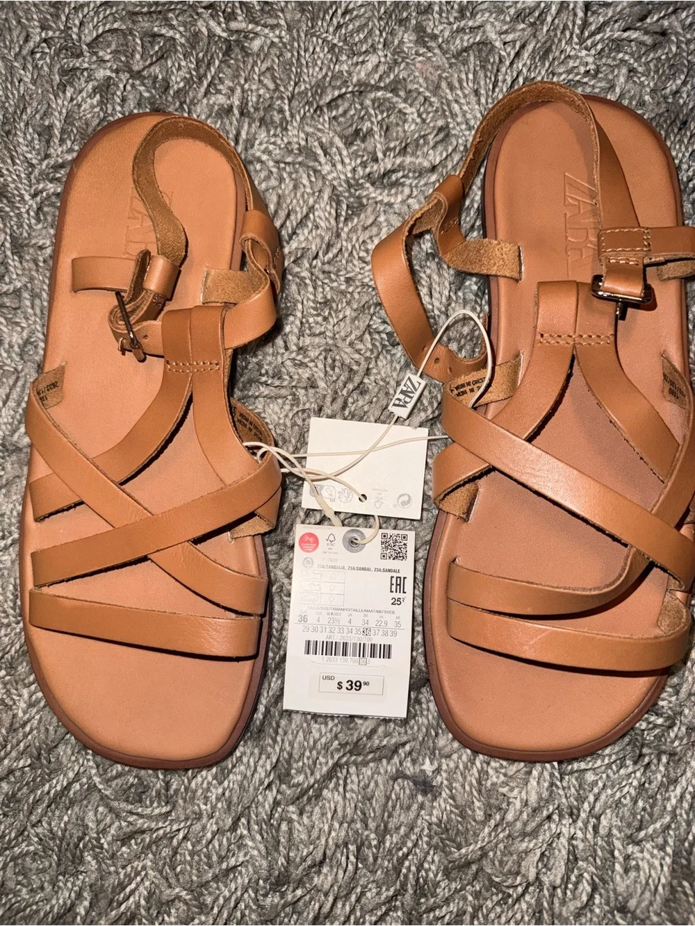 Zara Women's Cognac Strappy Leather Sandals